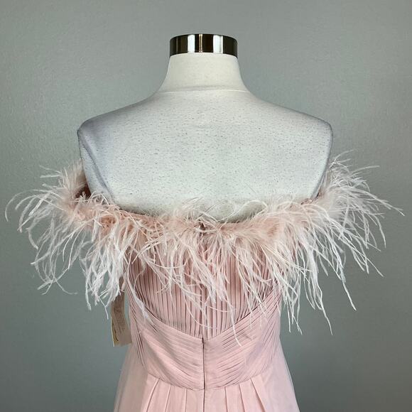 Eliza J Off the Shoulder Evening Gown Size 12 Pink Chiffon Feather Trim A-Line - Picture 7 of 12